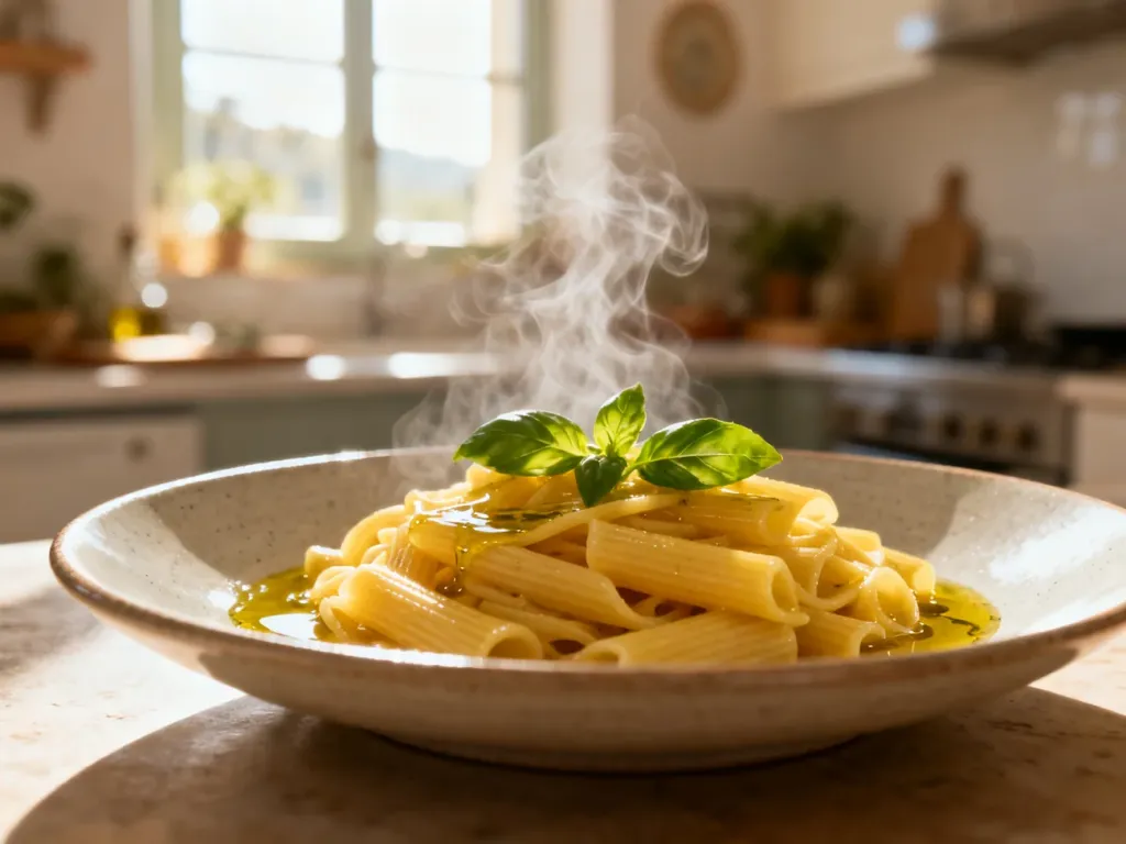 Parująca porcja makaronu al dente z oliwą i bazylią na ceramicznym talerzu w słonecznej kuchni.
