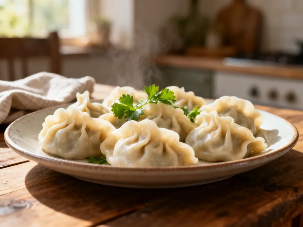 Talerz tradycyjnych pierogów z ziołami na drewnianym stole w przytulnej kuchni.