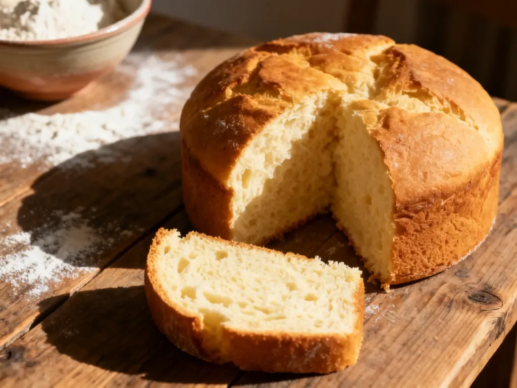 Puszyste ciasto drożdżowe pokrojone na kawałki, leżące na rustykalnym stole w promieniach porannego słońca.