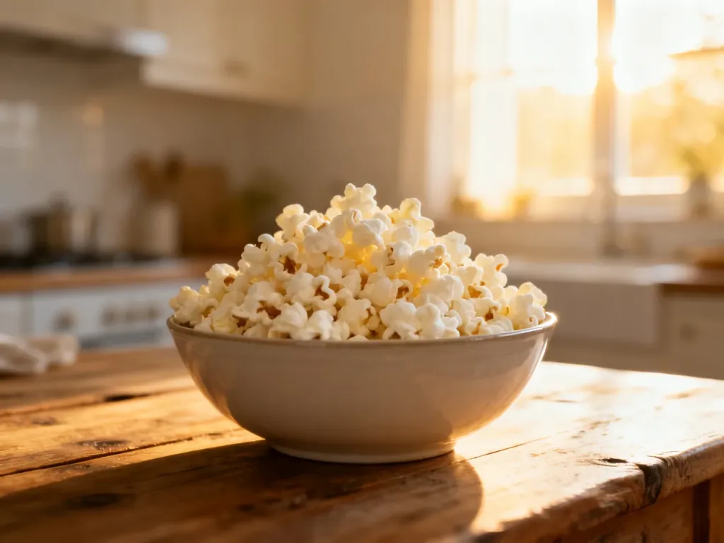 Miska świeżego, puszystego popcornu na drewnianym stole w słonecznej kuchni.
