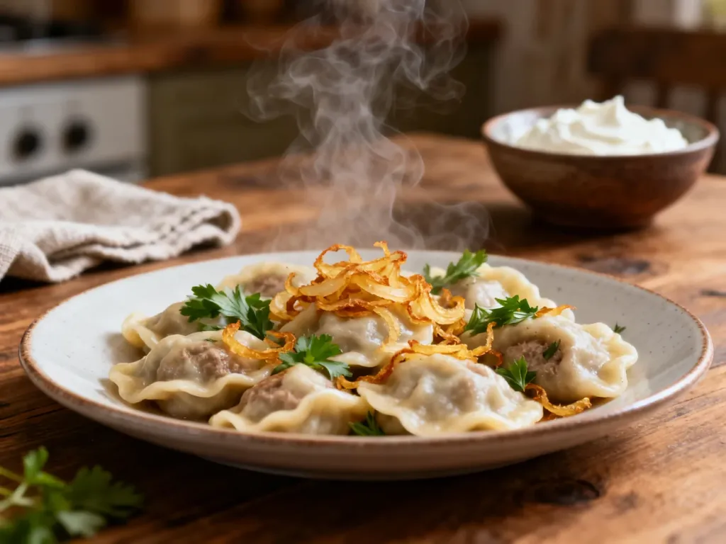 Gorące pierogi z mięsem posypane skwarkami i świeżymi ziołami na rustykalnym, drewnianym stole.