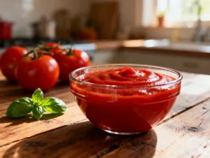 Miska domowego pesto z bazylii, orzeszków pinii i oliwy, ustawiona na rustykalnym stole w kuchni.