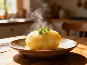 Puszyste ciasto drożdżowe pokrojone na kawałki, leżące na rustykalnym stole w promieniach porannego słońca.