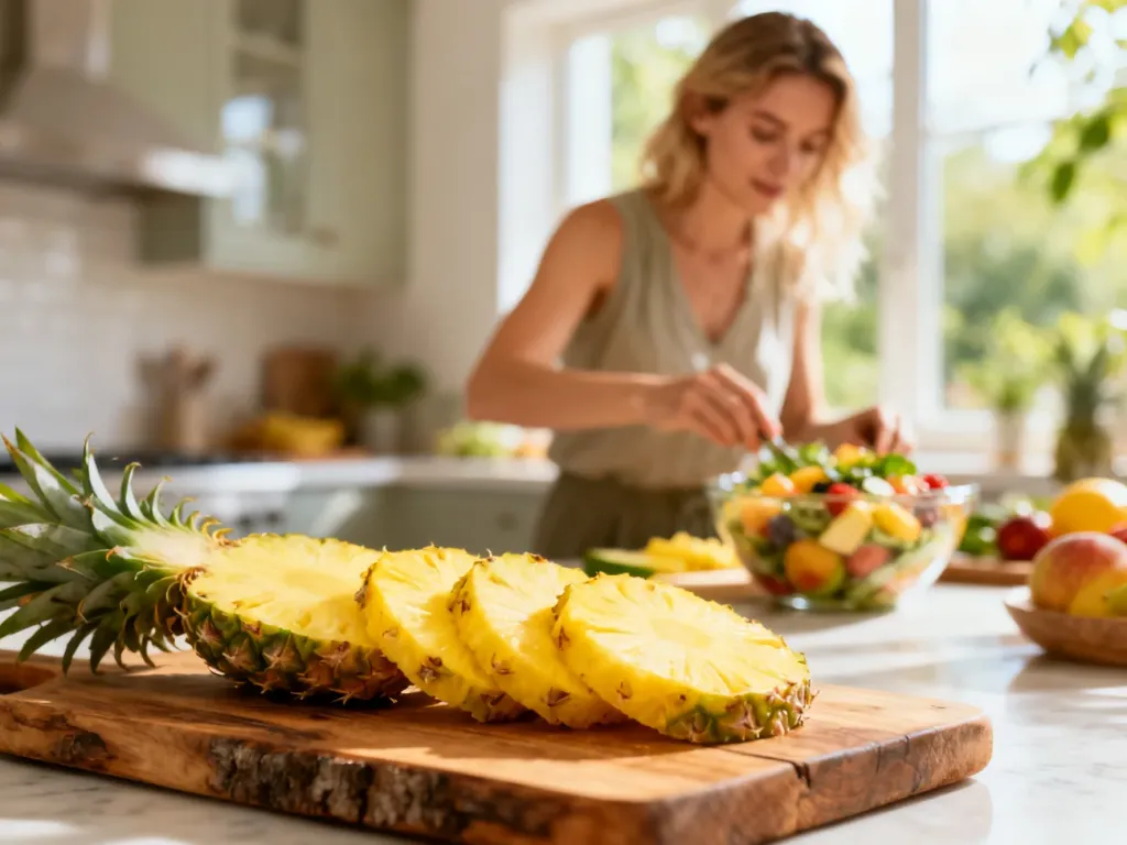 Świeży ananas pokrojony na drewnianej desce w jasnej kuchni, gdzie kobieta przygotowuje zdrową sałatkę owocową.