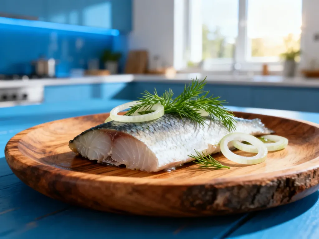 Filet ze śledzia z koperkiem i cebulą na drewnianym talerzu w jasnej kuchni. Apetyczna prezentacja zdrowej ryby.