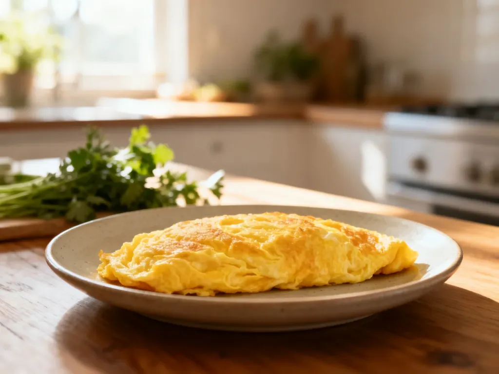 Puszysty, złocisty omlet na ceramicznym talerzu w jasnej, słonecznej kuchni. Idealna propozycja lekkostrawnego śniadania.