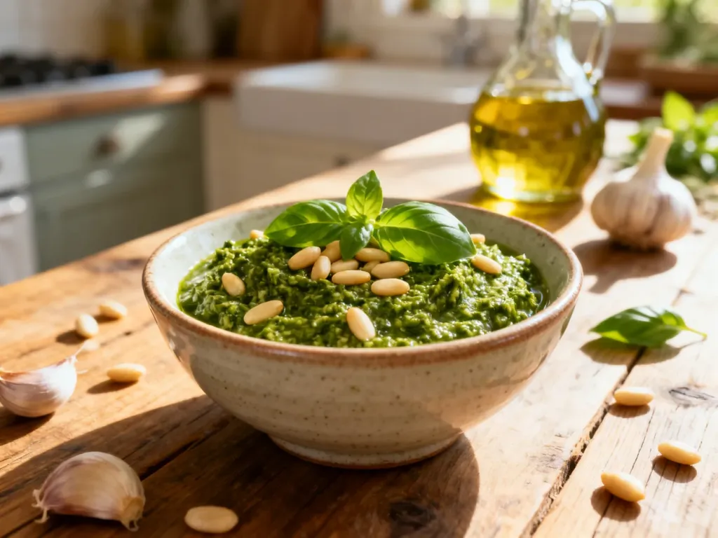 Miska domowego pesto z bazylii, orzeszków pinii i oliwy, ustawiona na rustykalnym stole w kuchni.
