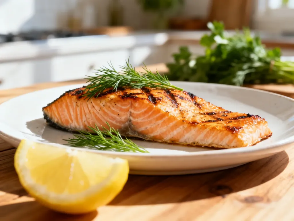 Pieczony filet z łososia z koperkiem i cytryną na białym talerzu, prezentujący apetyczne i lekkie danie rybne.