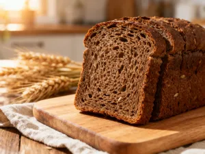 Świeże pory z zielonymi liśćmi i białymi łodygami leżące na drewnianym stole w jasnej, naturalnej kuchni.