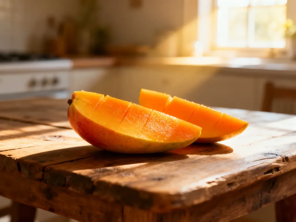Soczyste, pokrojone w plastry dojrzałe mango na drewnianym stole w promieniach słońca.