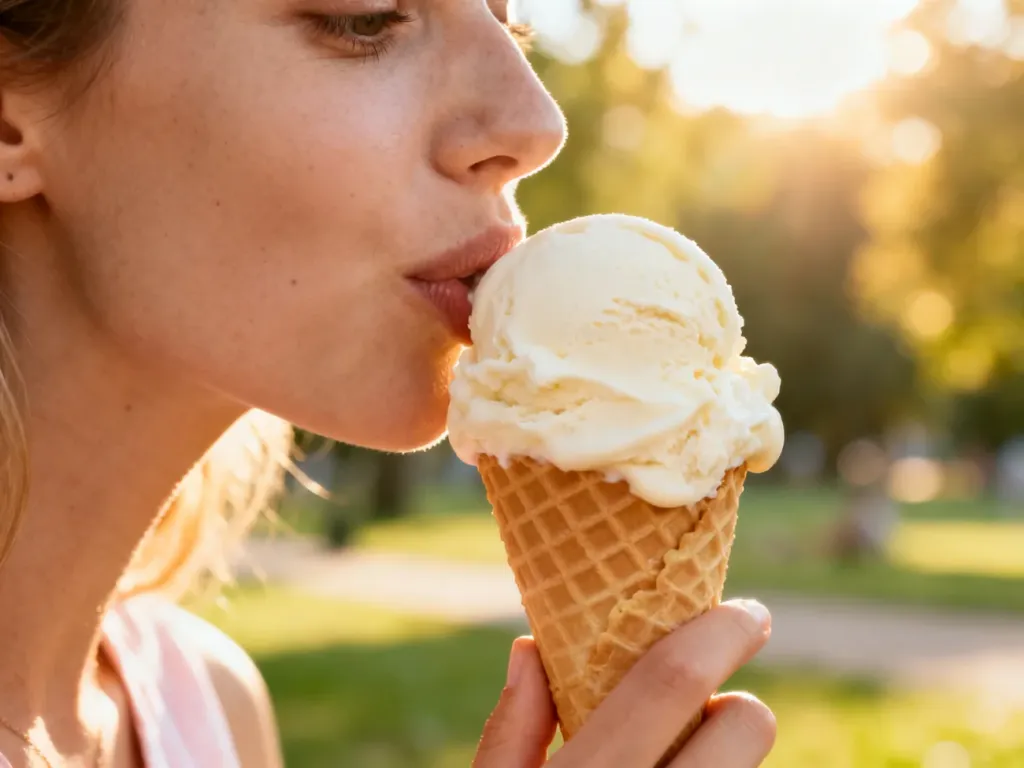 Gałka kremowych lodów waniliowych w wafelku trzymana w dłoni na tle słonecznego parku.