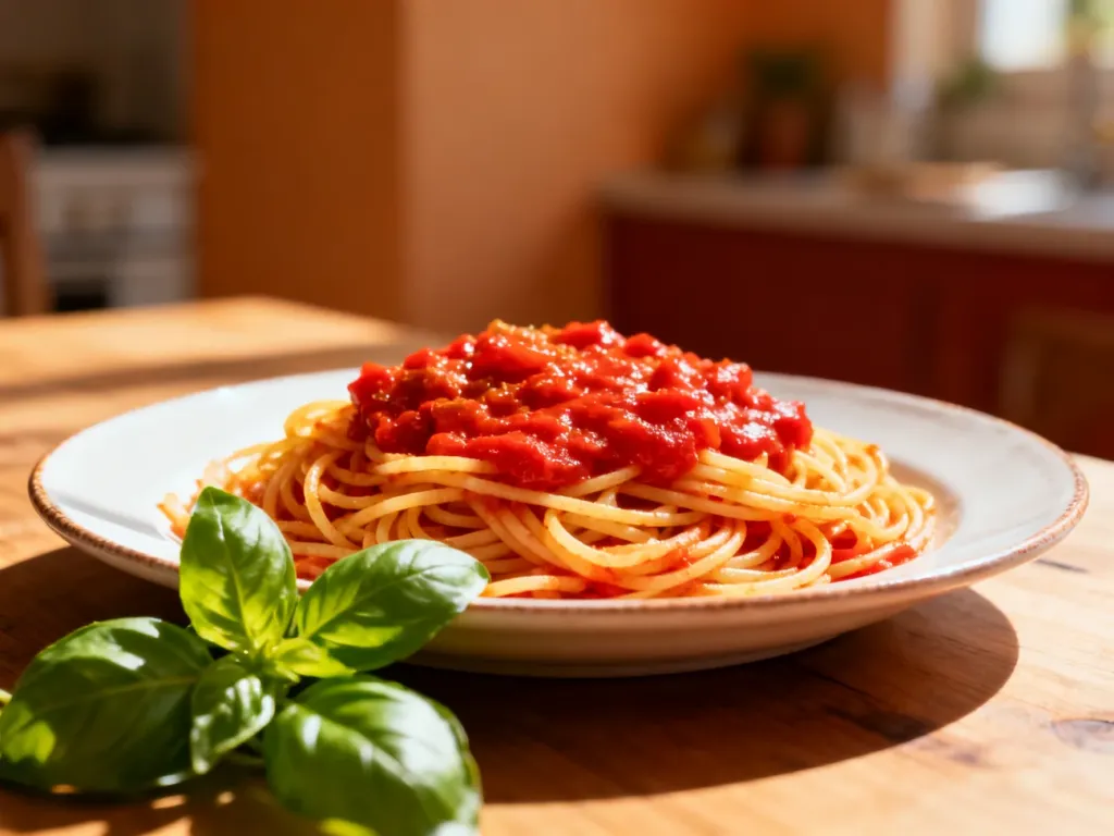 Talerz apetycznego spaghetti z sosem pomidorowym i świeżą bazylią, serwowany w przytulnej, słonecznej kuchni.