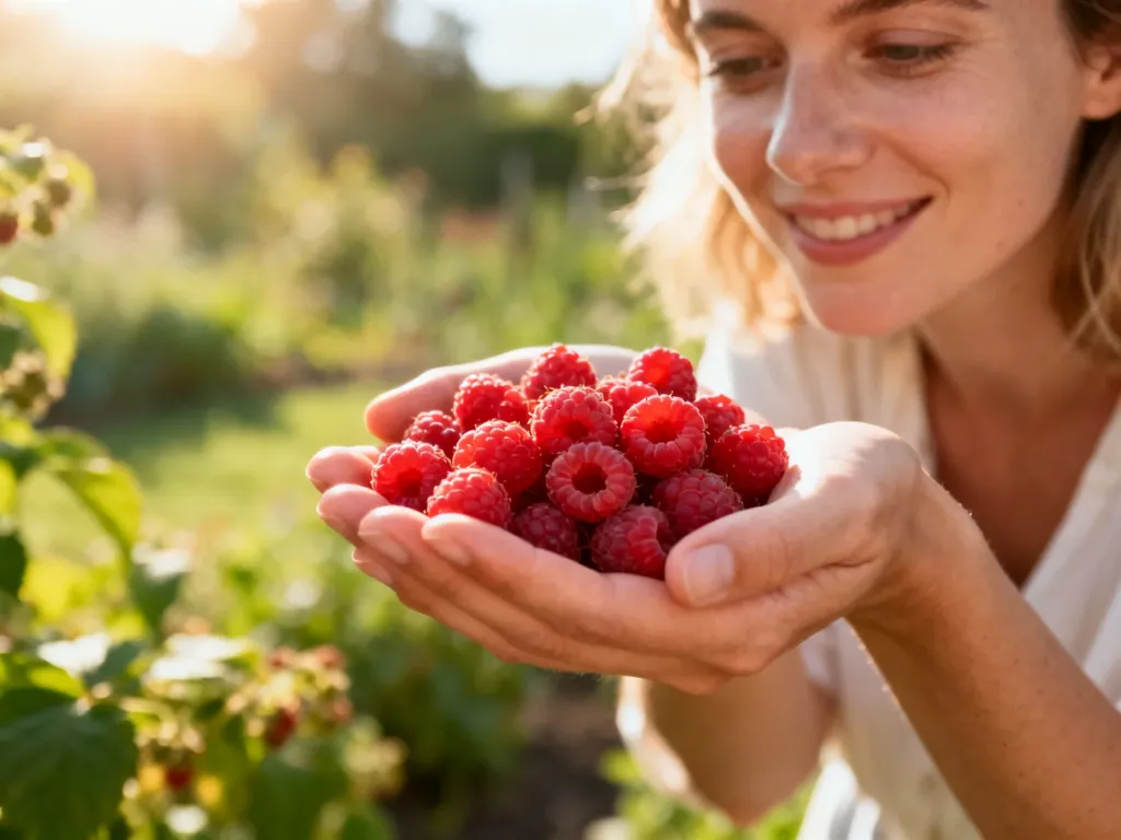 Garść świeżych, dojrzałych malin trzymana w dłoniach na tle słonecznego ogrodu, podkreślająca naturalną świeżość owoców.