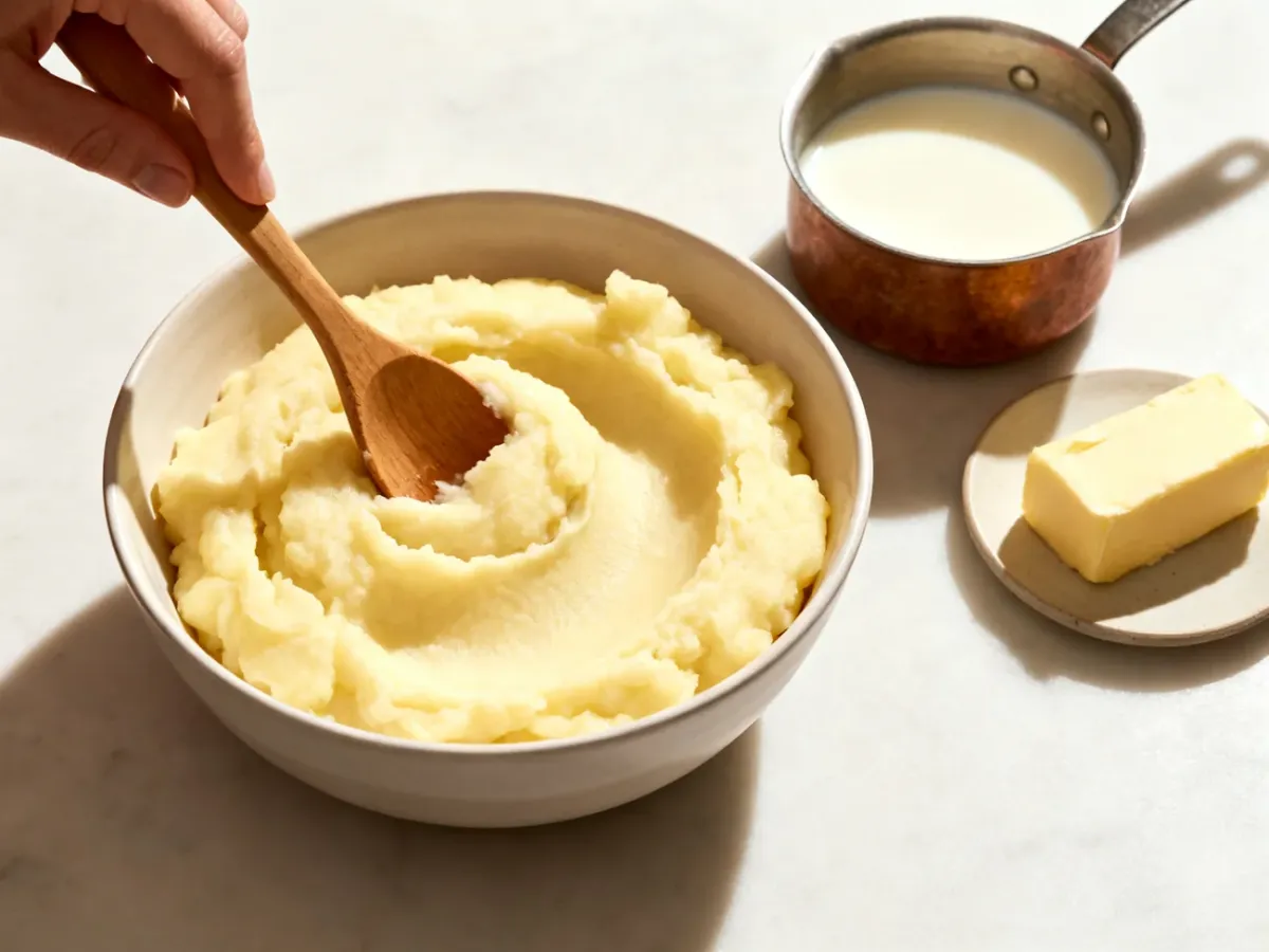 Gładkie puree ziemniaczane przygotowywane z ciepłym dodatkiem