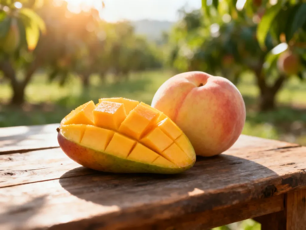 Soczyste kawałki dojrzałego mango i brzoskwini na drewnianym stole, podkreślające naturalną świeżość owoców.