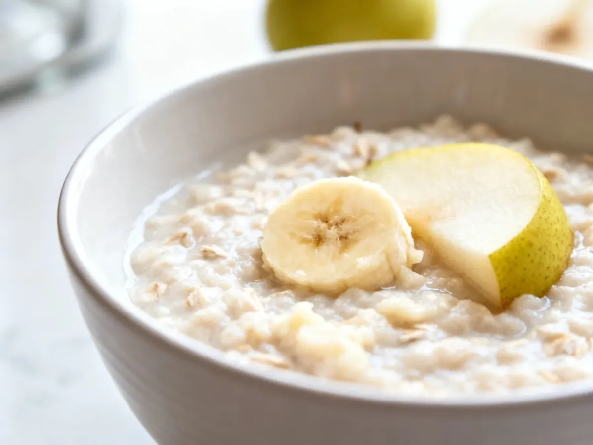 Gładka, miękka owsianka na wodzie z bananem i duszoną gruszką