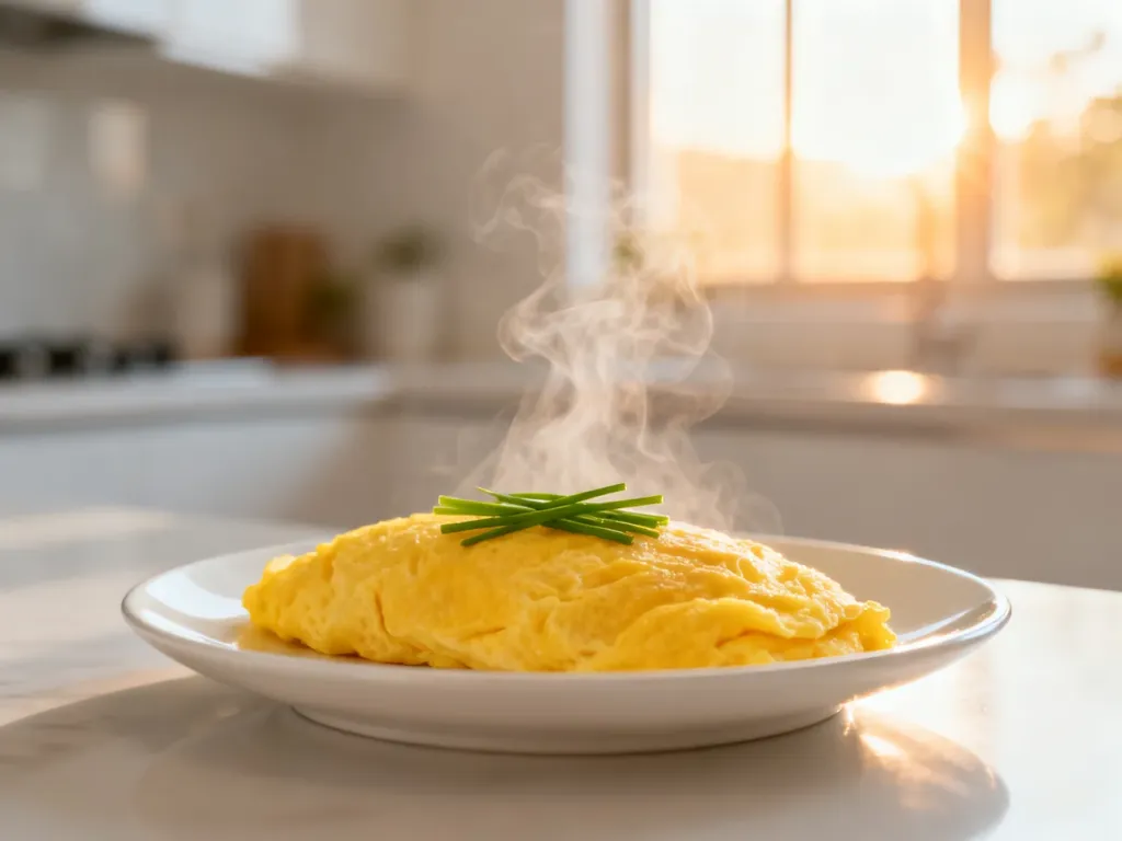 Puszysty, złocisty omlet na parze posypany świeżym szczypiorkiem, podany na minimalistycznym białym talerzu.