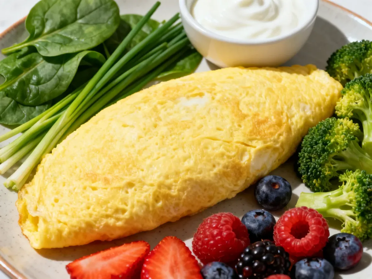 Omlet na parze podany z warzywami, ziołami, owocami i jogurtem