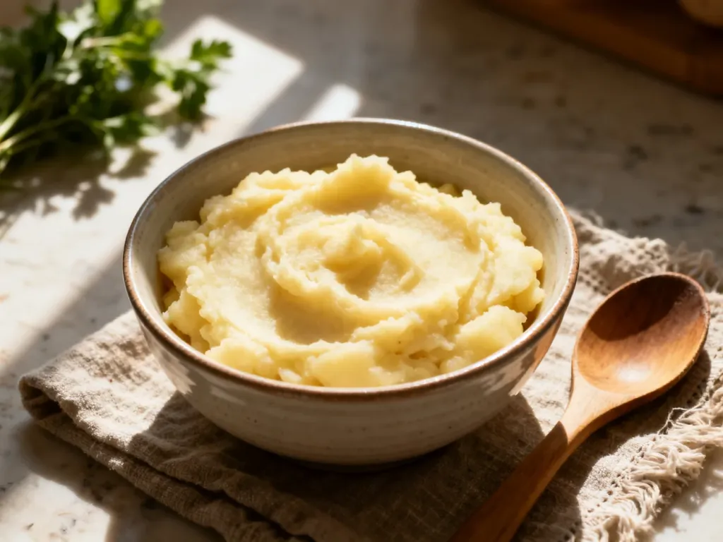 Aksamitne puree ziemniaczane w ceramicznej miseczce z drewnianą łyżką na lnianej serwetce w przytulnej kuchni.