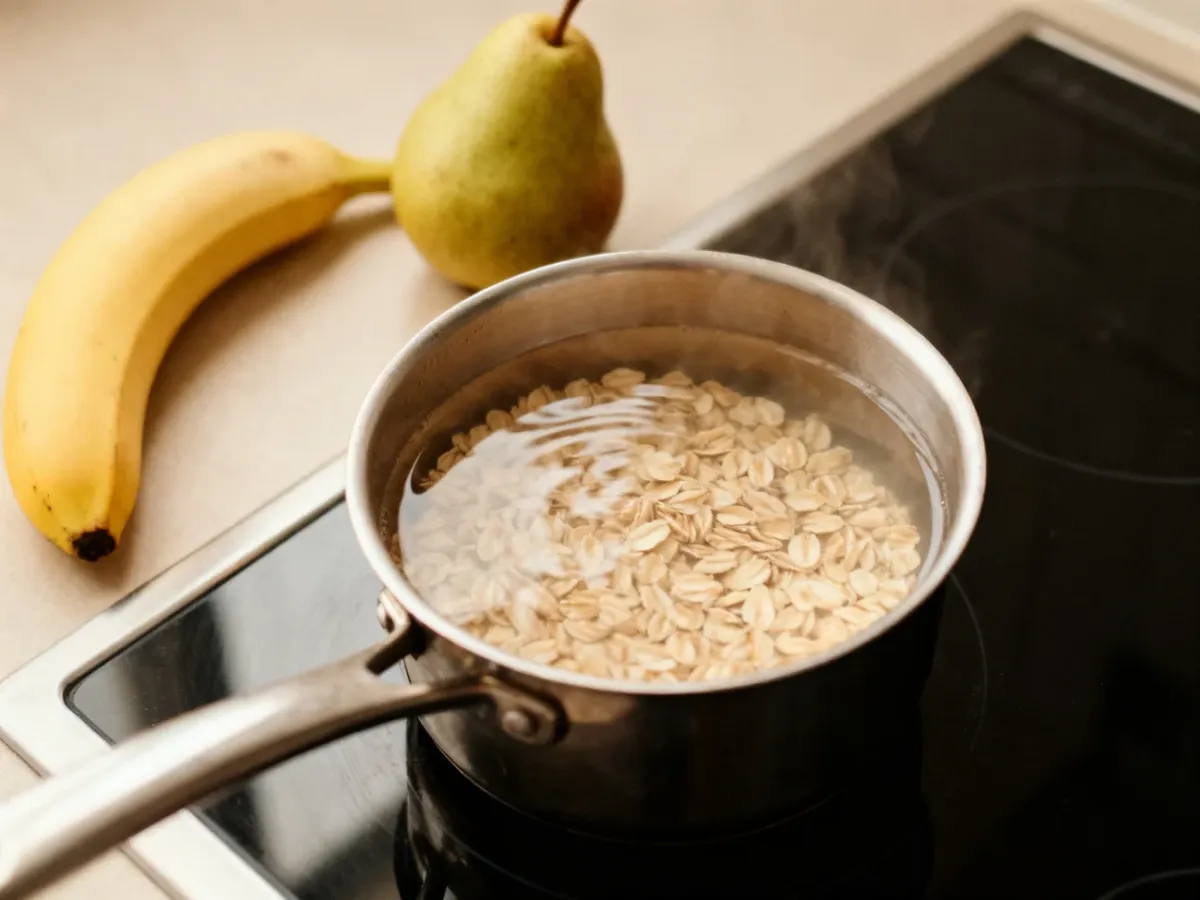 Owsianka gotowana na wodzie w małym garnku z bananem i gruszką