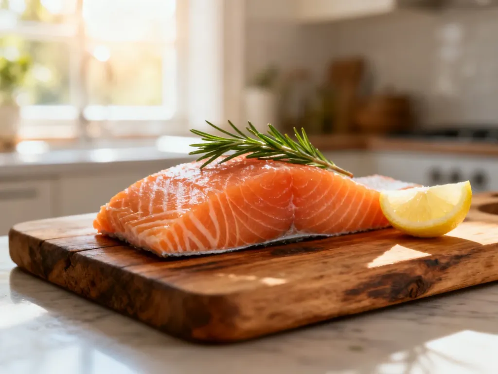 Świeży filet z łososia na drewnianej desce z cytryną i rozmarynem, podkreślający naturalną jakość i świeżość ryby.