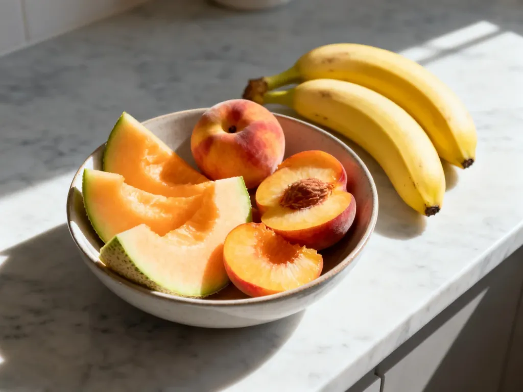 Miska z obranymi bananami, melonem i brzoskwiniami na kuchennym blacie, prezentująca owoce o niskiej zawartości błonnika.