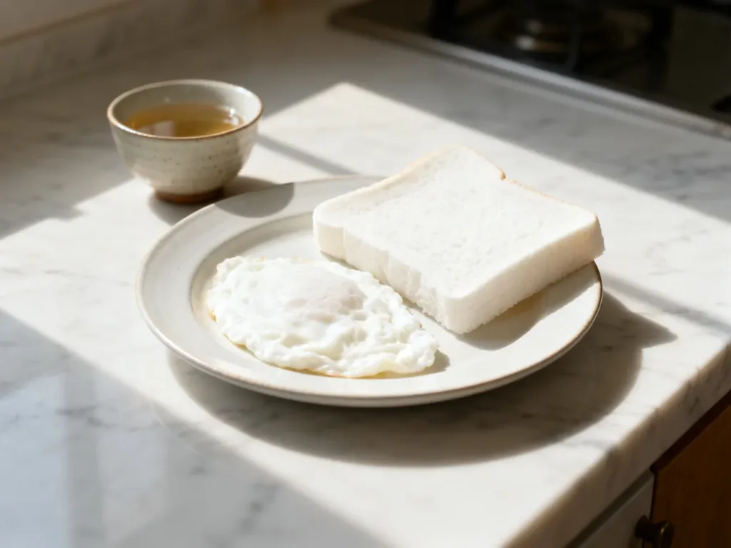 Puszysty omlet z jasnym pieczywem bez skórki na marmurowym blacie, idealna propozycja lekkostrawnego śniadania.