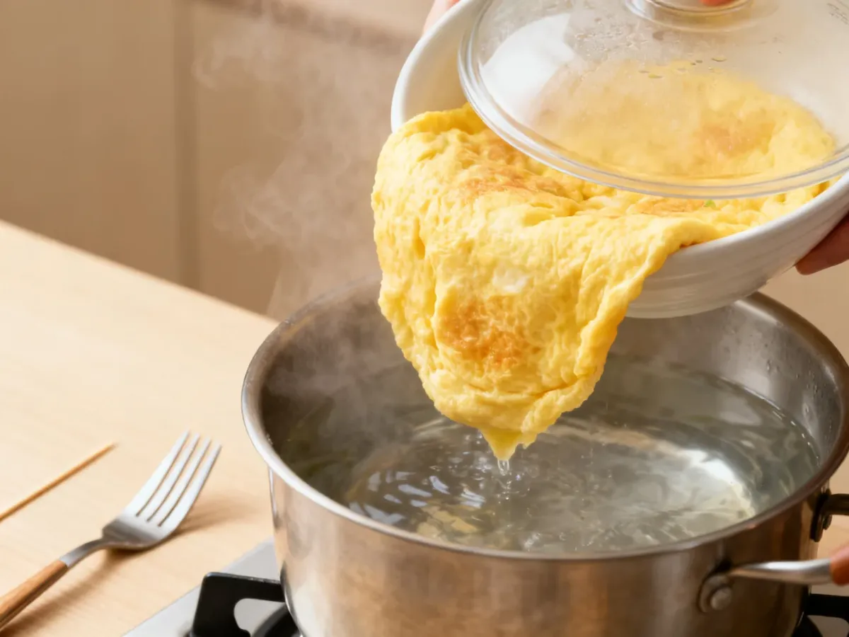 Sprawdzanie gotowości delikatnego omletu gotowanego na parze